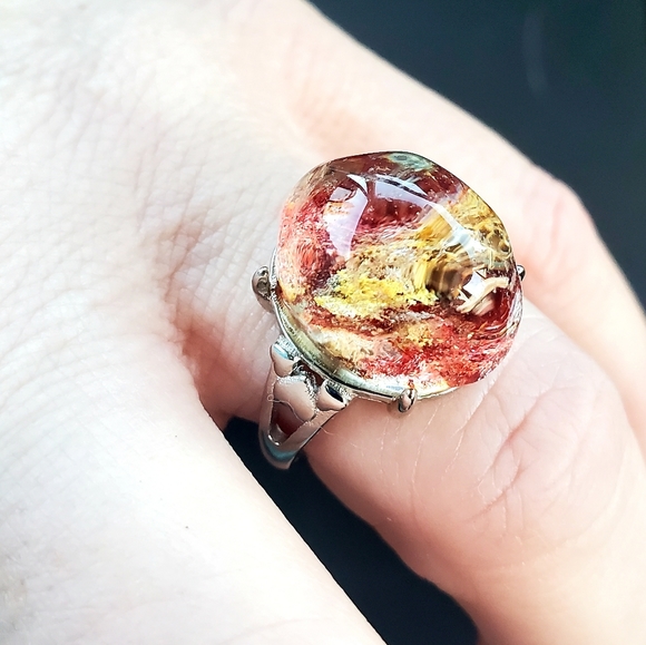 New Red Yellow Phantom Quartz Lodolite Adjustable 925 Silver Ring. - Picture 7 of 16